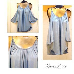 Blue Cold Shoulder Bell Sleeve  Flowy Top